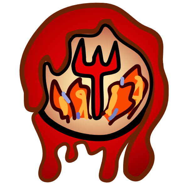 a circle with a black outline, covered in blood. It has a gradient interior, (radial gradient, off white to reddish orange). Inside the circle is a red pitchfork surrounded at its base by flames.